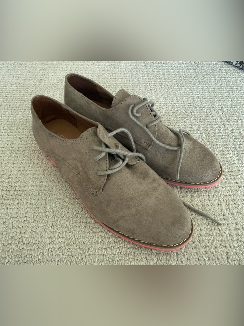 Womens Taupe Suede Lace-Up Shoes with Pink Trim